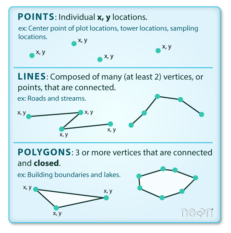 Diagram of points, lines (points connected by lines), and polygons (three or more points that define the edges of a shape)