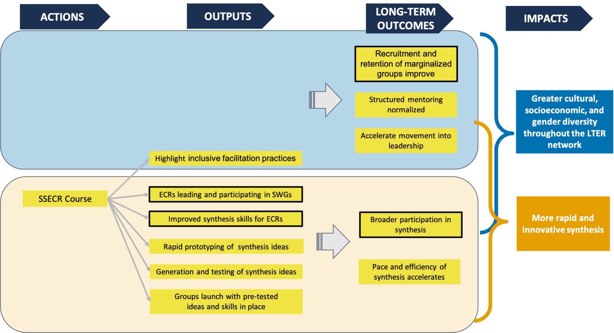 Flowchart of 2024 LTER Network strategic plan where (from left to right) actions lead to outputs, lead to long-term outcomes, and finally to two primary impacts. Only items related to the SSECR 'action' are included in this version of the graphic