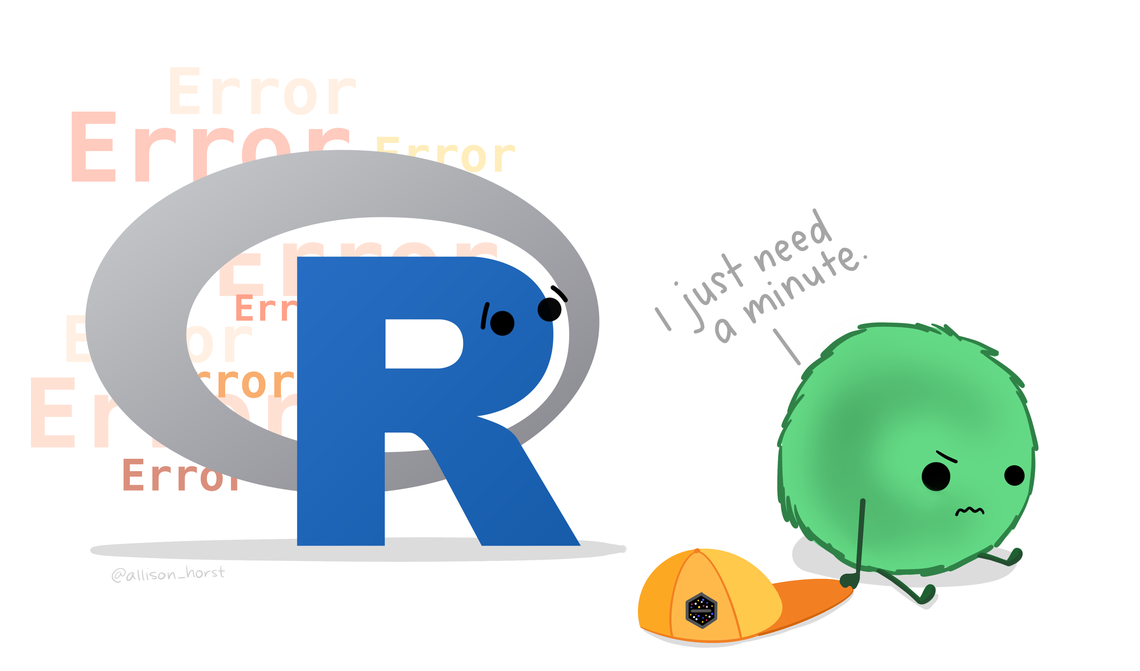 Creature saying they need a minute while the R logo with eyes looks worried in a cloud of error messages