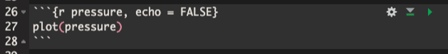 Screen capture of a code chunk from an Rmarkdown file where the echo option is set to false, the chunk is named 'pressure', and the `plot` function is used on an object also named 'pressure'