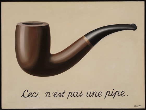 copy of 'the treachery of images', a famous painting of a pipe with the words 'this is not a pipe' written in French beneath the image