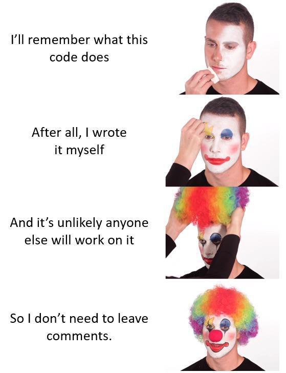 Person applying clown makeup as they talk about why they don't need to use code comments